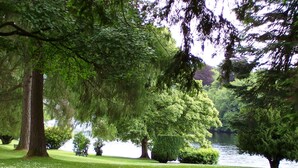 A park with a lake, trees, and a grassy area. - Royal Dunkeld (Dunkeld)