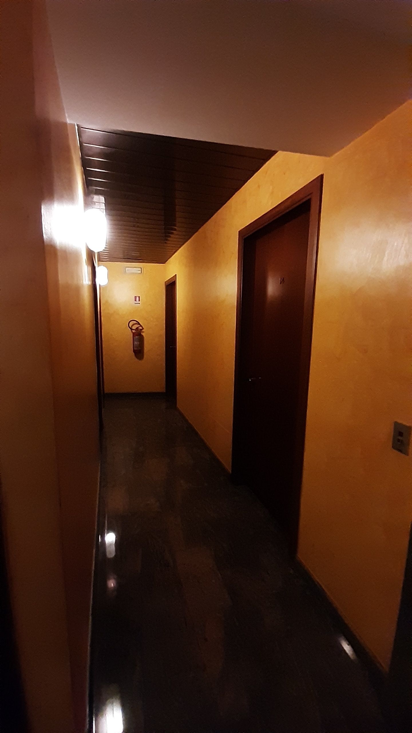 Un couloir étroit, avec une porte en bois sur la droite et un luminaire fixé au mur sur la gauche.