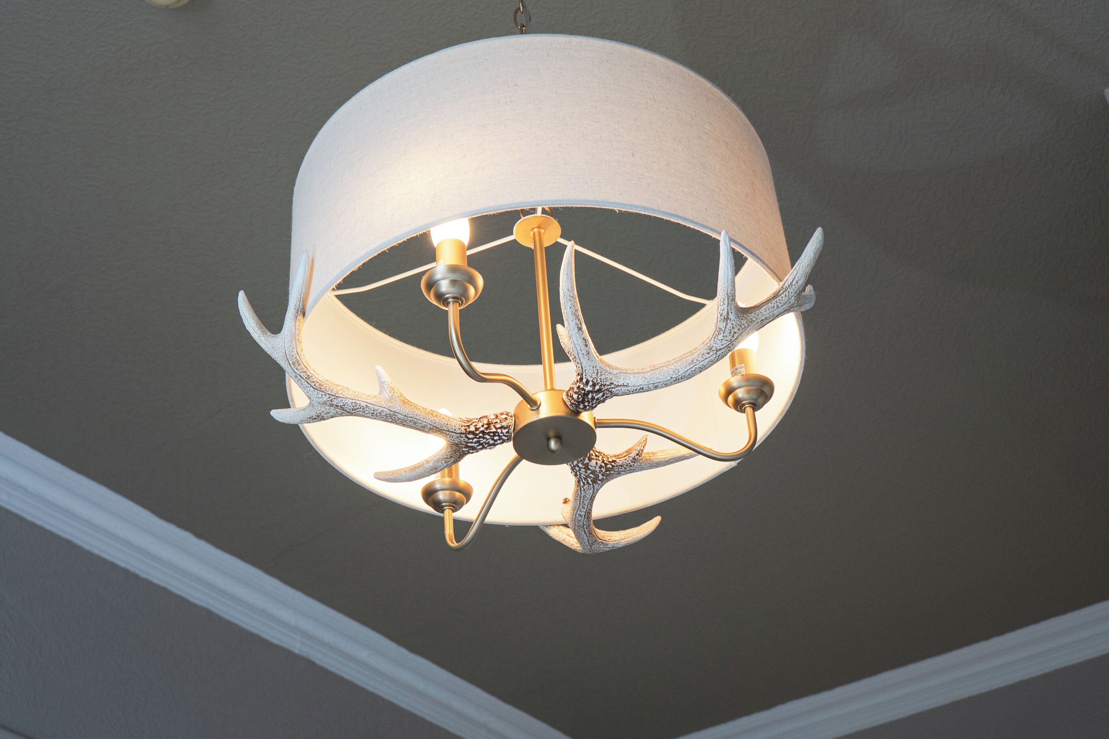 A chandelier with a white shade and antler-like metal arms.