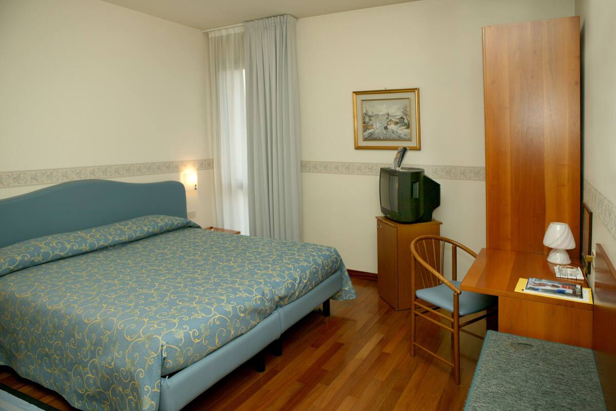 Une chambre d’hôtel avec un lit, un bureau, une chaise, une télévision et un tableau au mur.