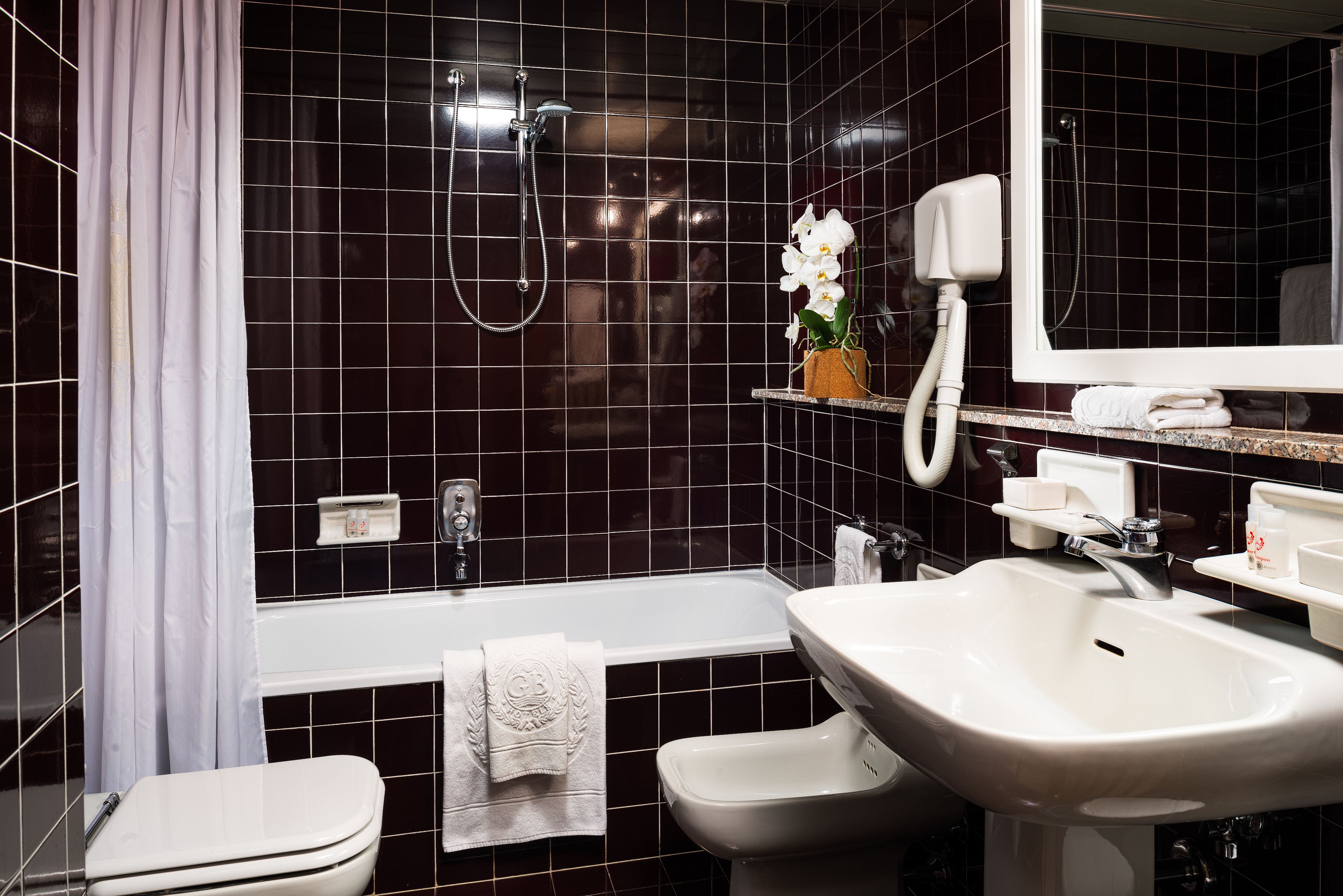 hair dryer, bidet, towels