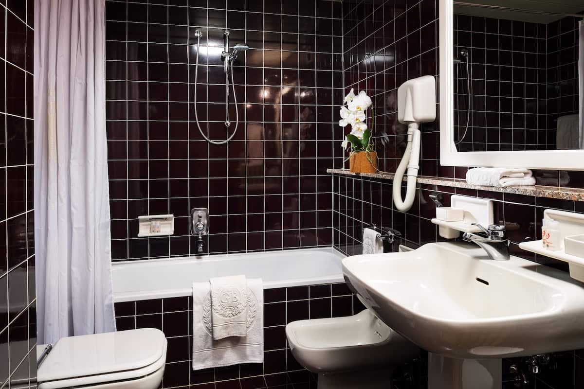 hair dryer, bidet, towels