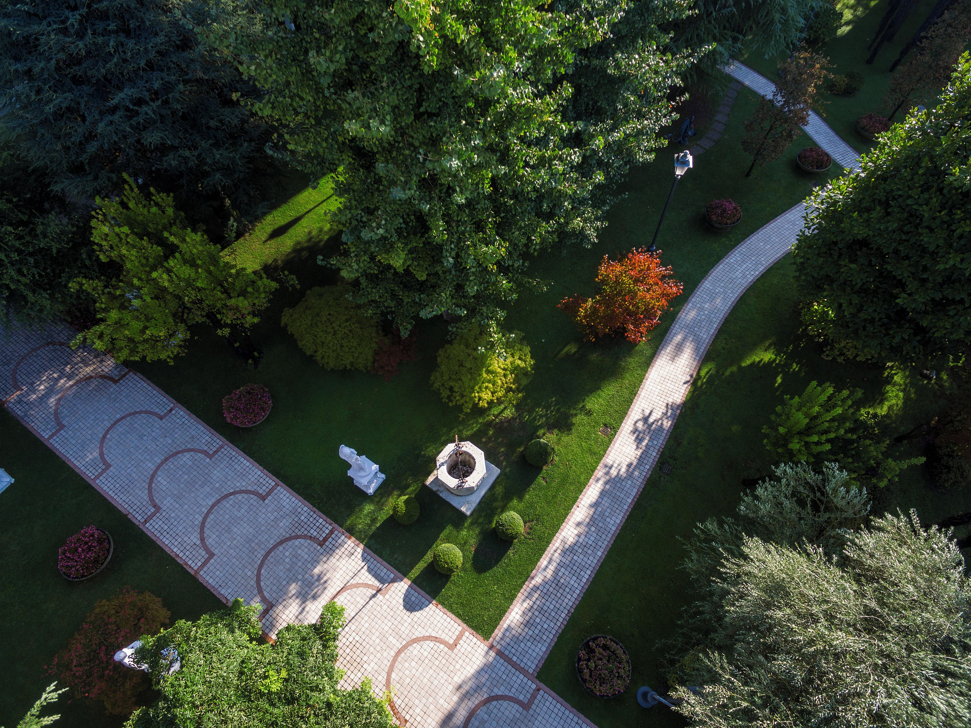 An aerial view of a garden with a paved pathway, trimmed hedges, and various trees.