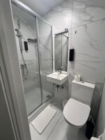 A modern bathroom with a glass-enclosed shower, a white sink, and a toilet.