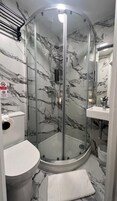 A modern bathroom with a glass-enclosed shower, a toilet, and a sink with a mirror.