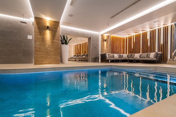 Indoor pool, outdoor pool, sun loungers
