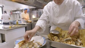 Un chef prepara comida en una cocina profesional con superficies de acero inoxidable y equipo moderno.