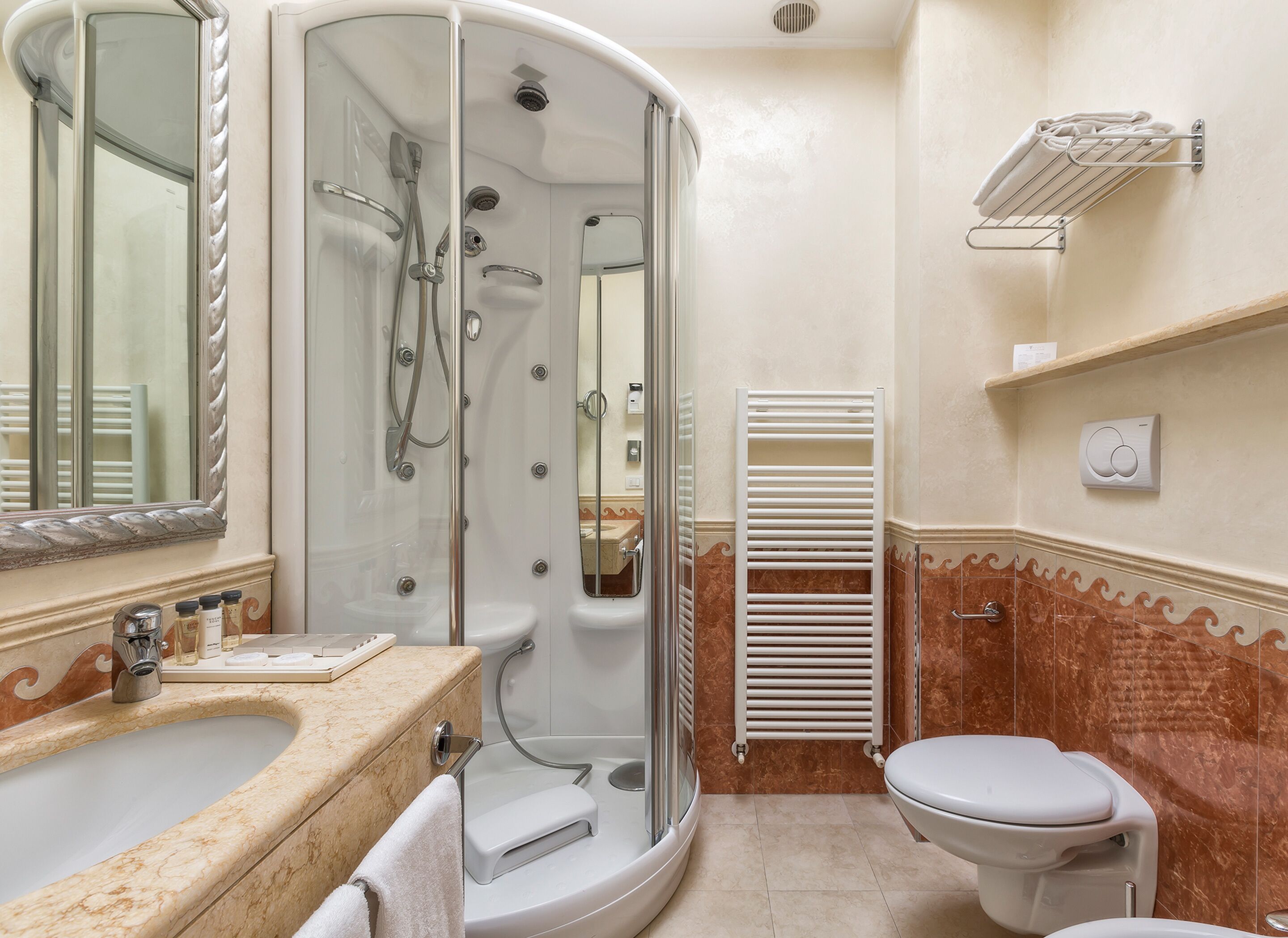 shower, hydromassage showerhead, eco-friendly toiletries, hair dryer