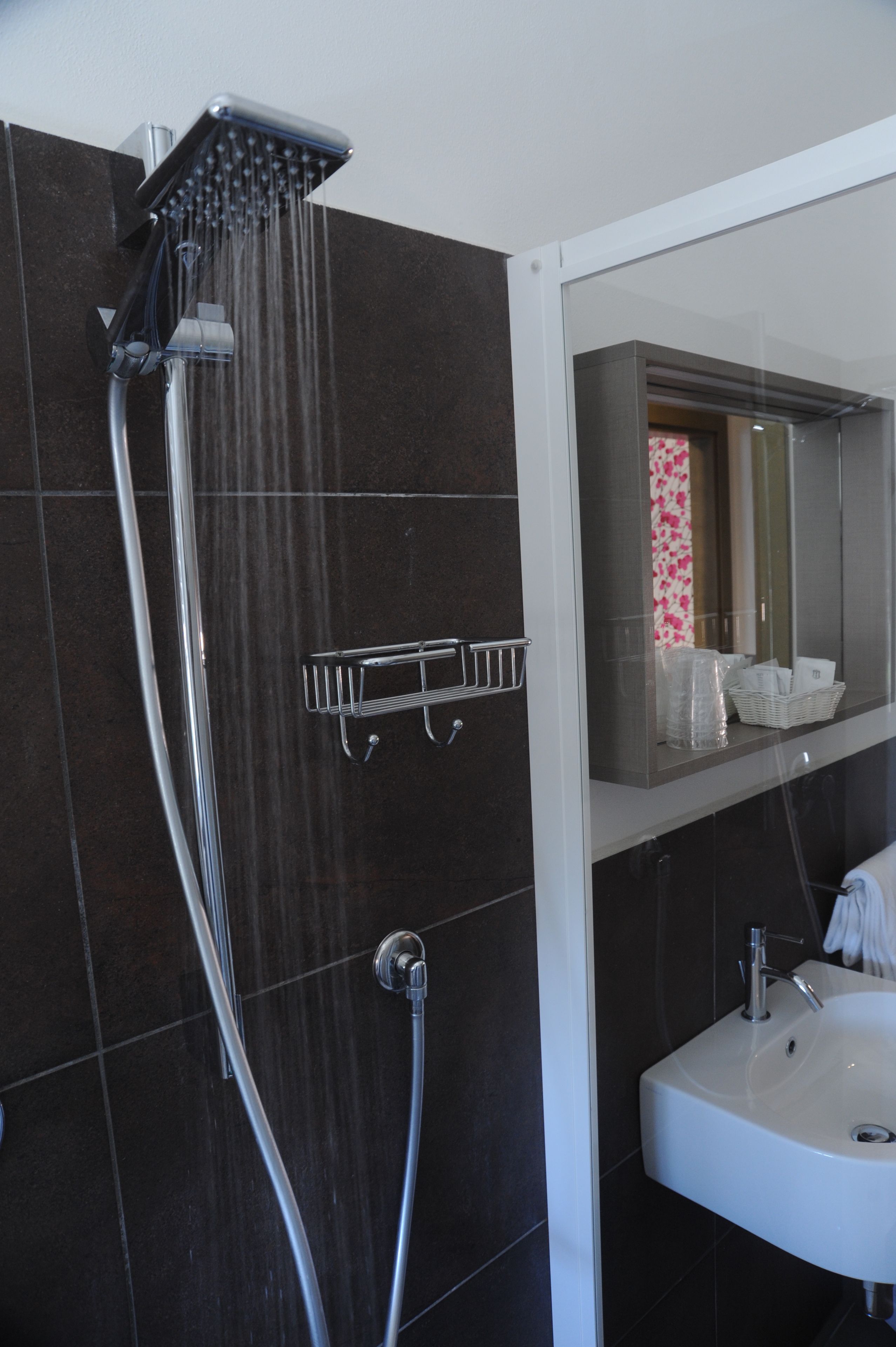 A modern bathroom with a shower, a sink, and a mirror.