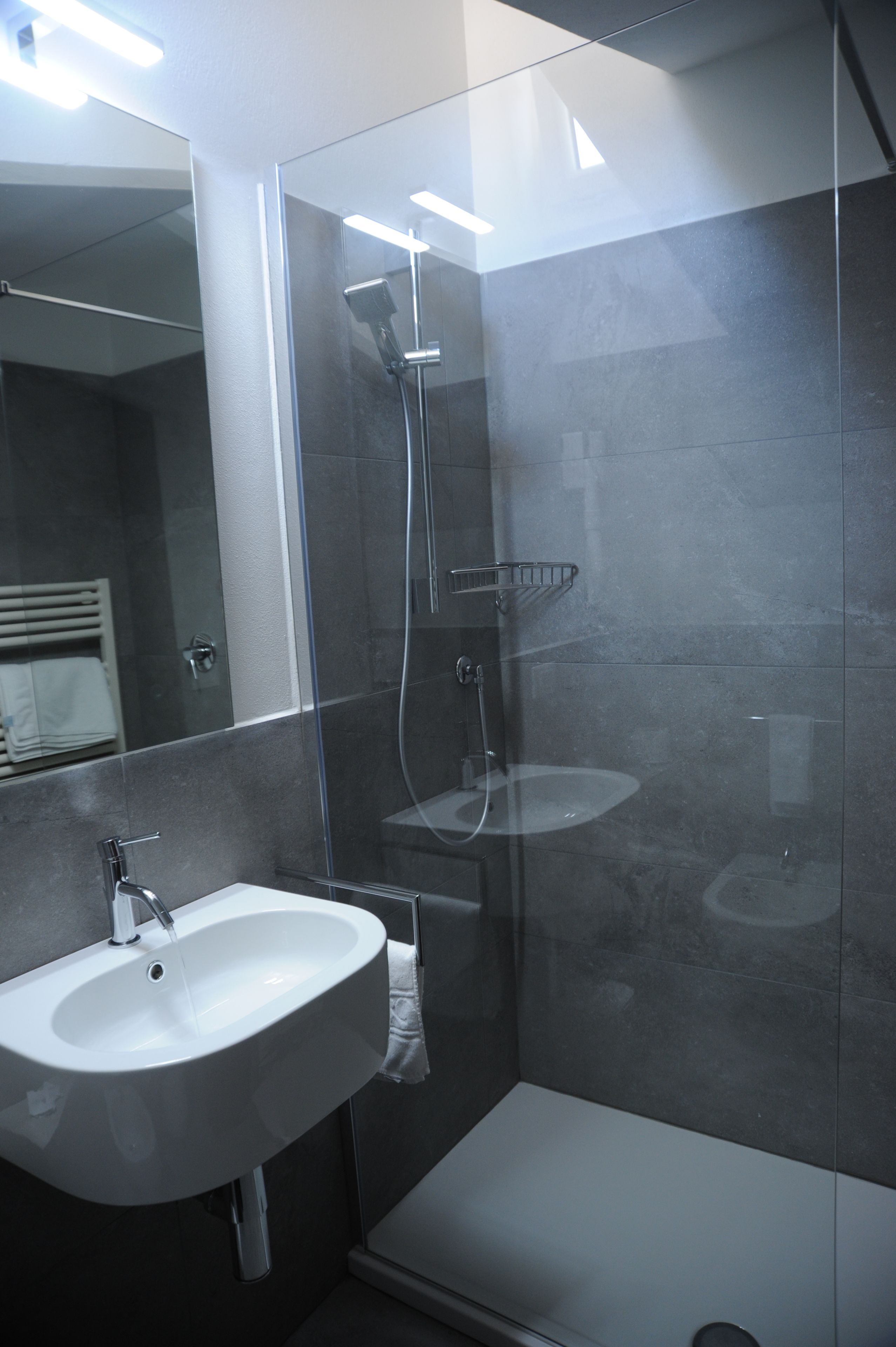 A modern bathroom with a glass-enclosed shower, a white sink, and a mirror.
