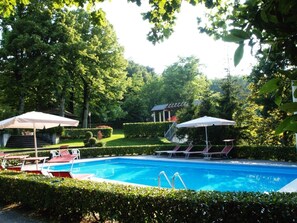 Una piscina rodeada de exuberante vegetación y protegida por sombrillas.