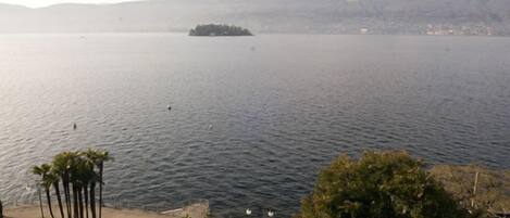 A lake with a small island and distant mountains.