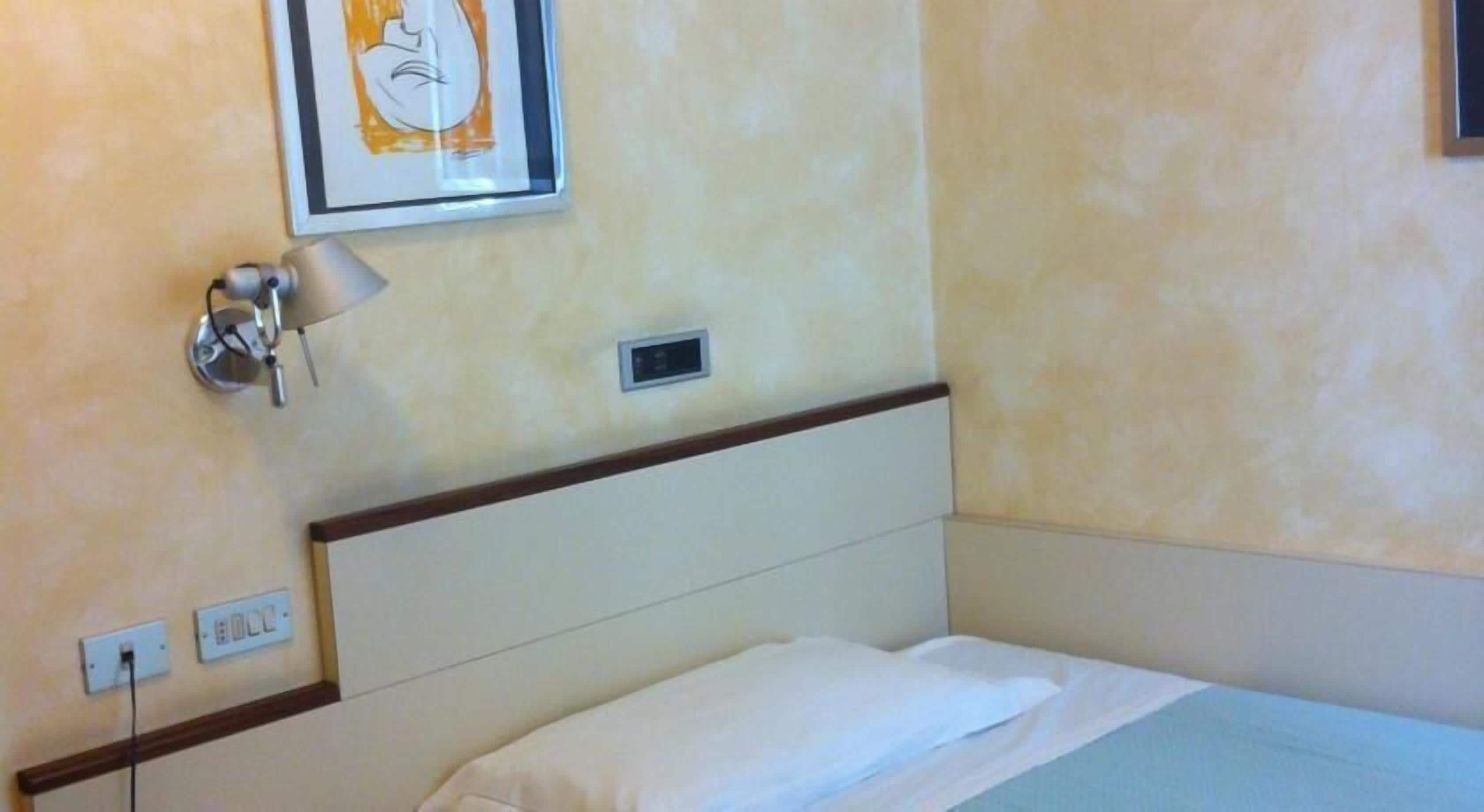 Een hotelkamer met een bed, een wandlamp, een stopcontact en een ingelijst schilderij.