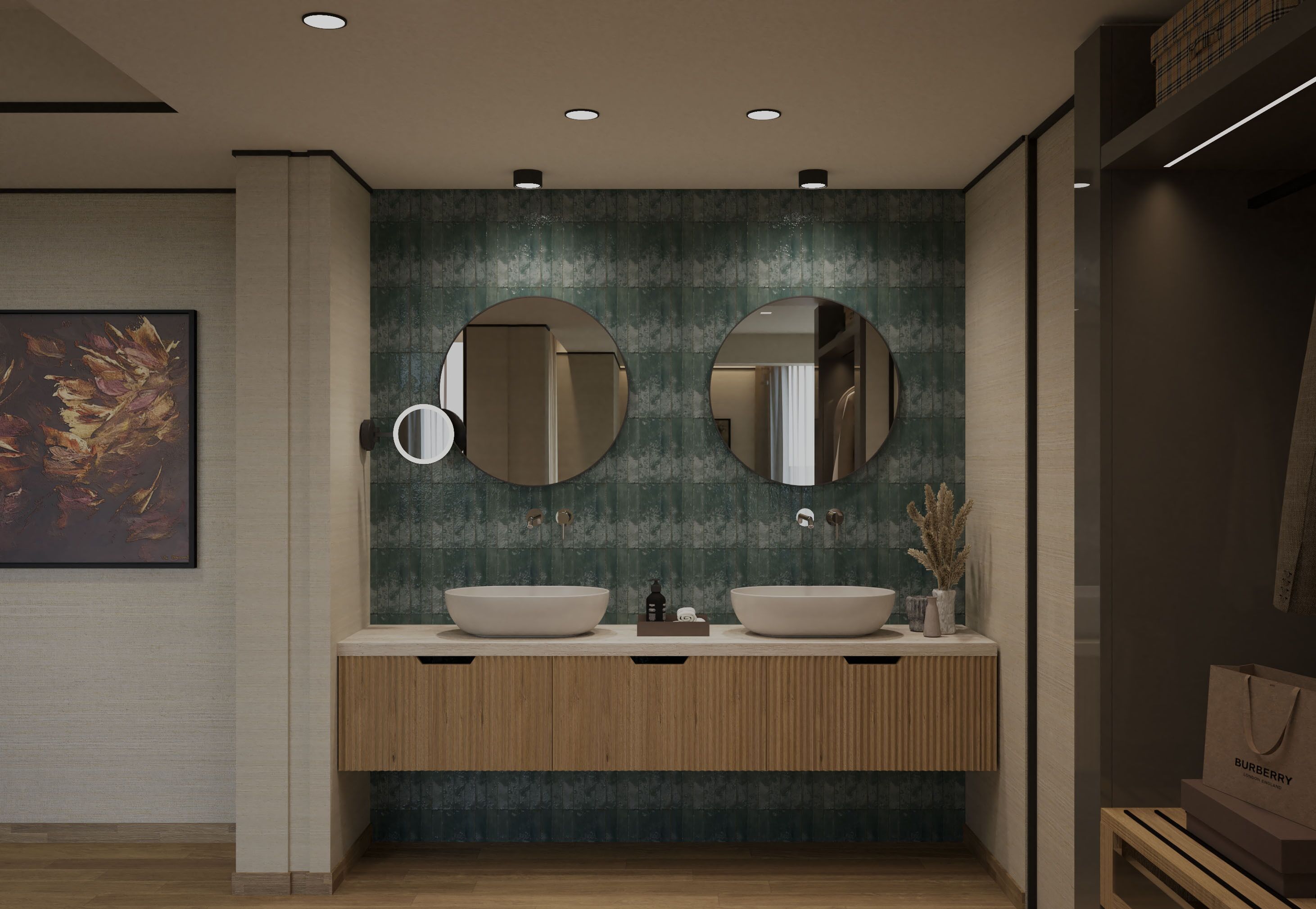 Un baño moderno con dos lavamanos grandes, un espejo sobre cada uno y una pared con textura.