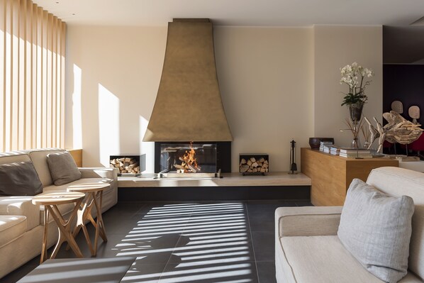 A modern living room with a fireplace, a sofa, a coffee table, and a decorative vase. - Esplanade Tergesteo - Luxury Retreat (Montegrotto Terme)
