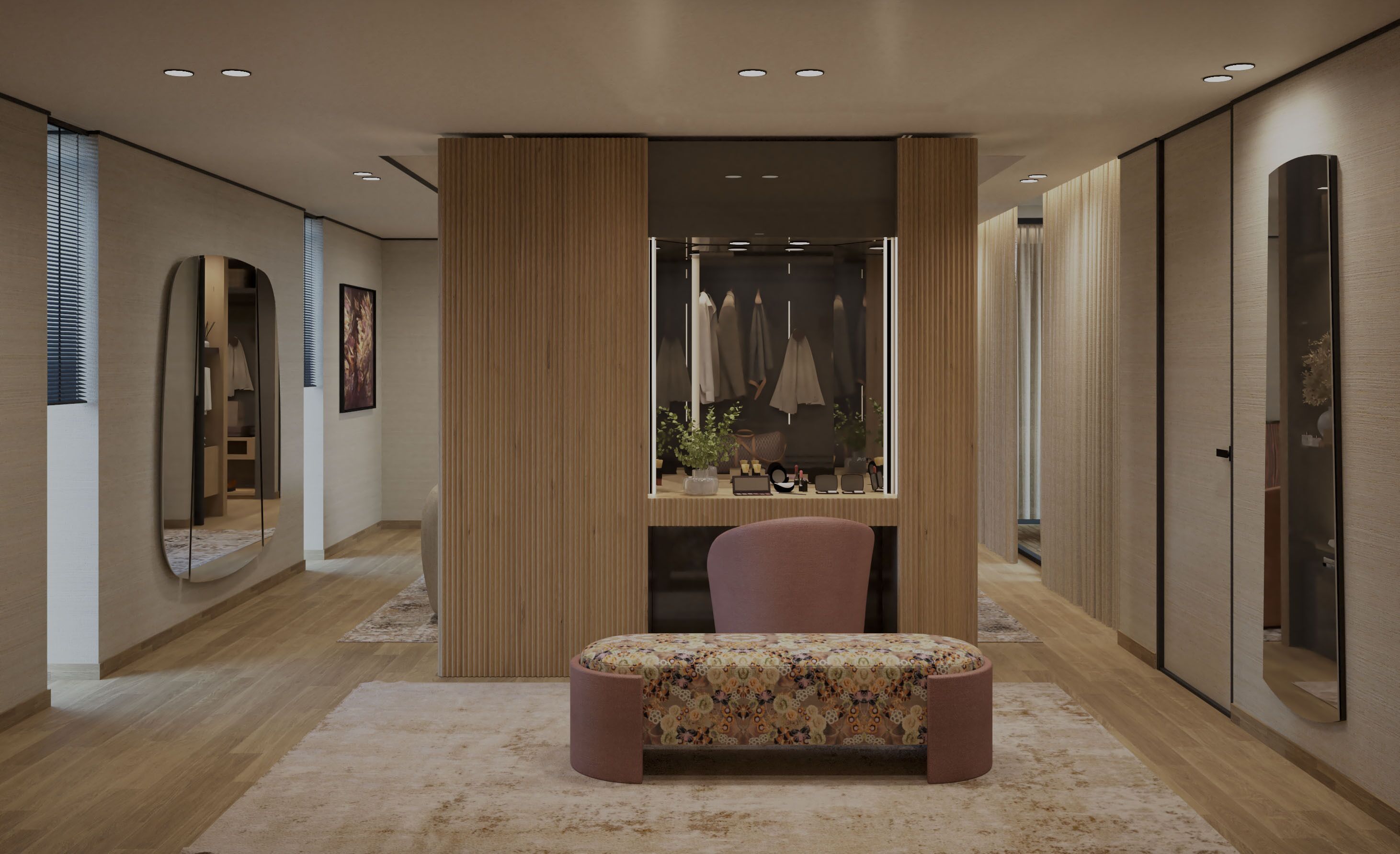 A modern interior with a bench, wooden paneling, and a mirror.