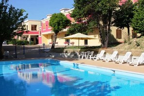 Seasonal outdoor pool, pool umbrellas, pool loungers