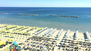 A beach with rows of sunbeds and umbrellas, a clear sky, and calm sea.