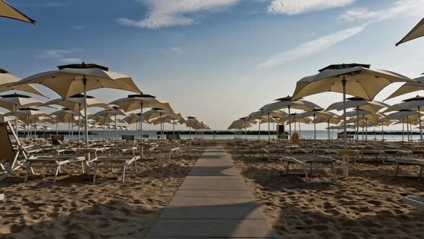 A beach with rows of sun umbrellas and lounge chairs. - Gala (Pesaro)