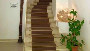 A staircase with a reception sign, a broom, and a potted plant. - Hotel Arcadia (Macerata)