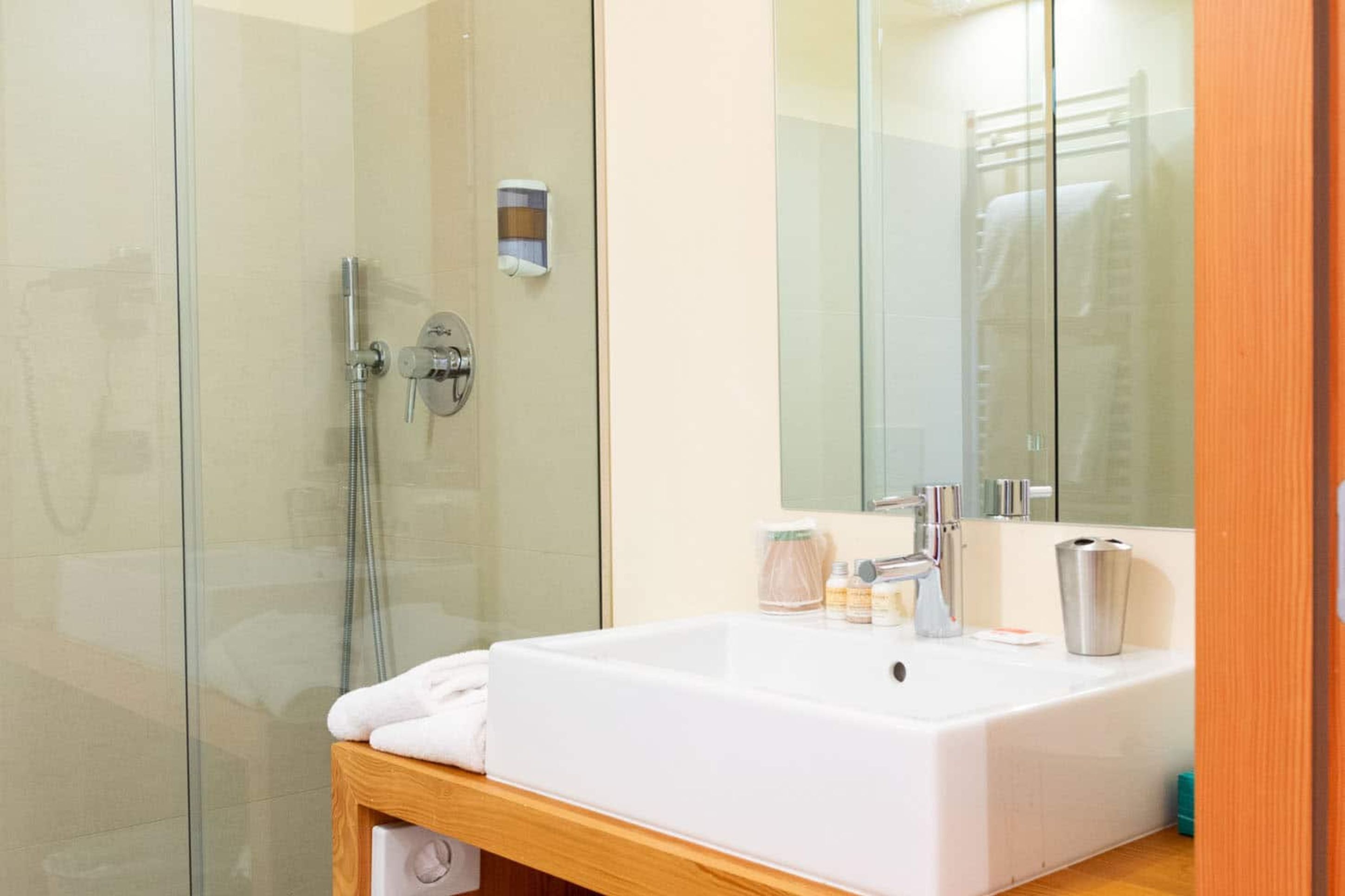 A modern bathroom with a glass shower enclosure, a white sink, and a large mirror.