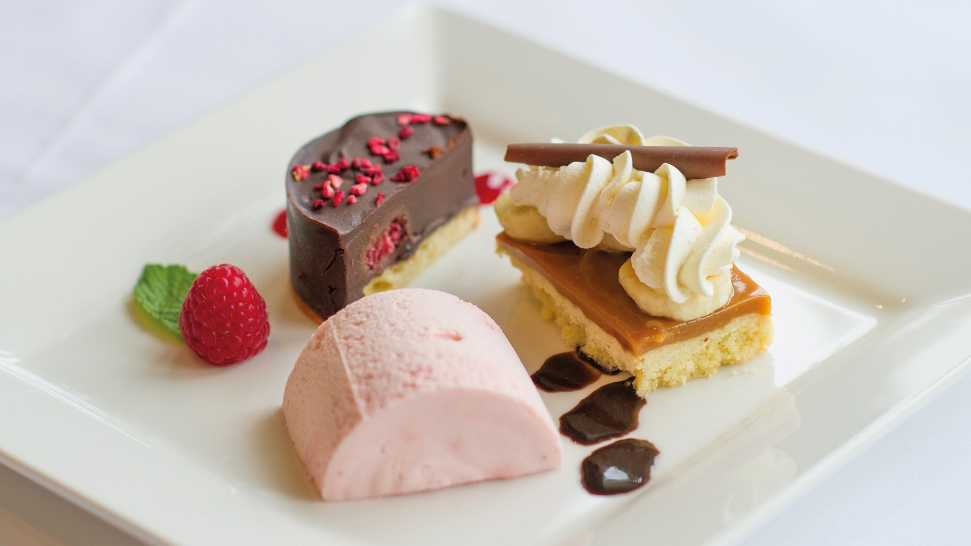 Un plato de postre con mousse de chocolate, una bola de helado, un trozo de pastel con caramelo y frambuesas.
