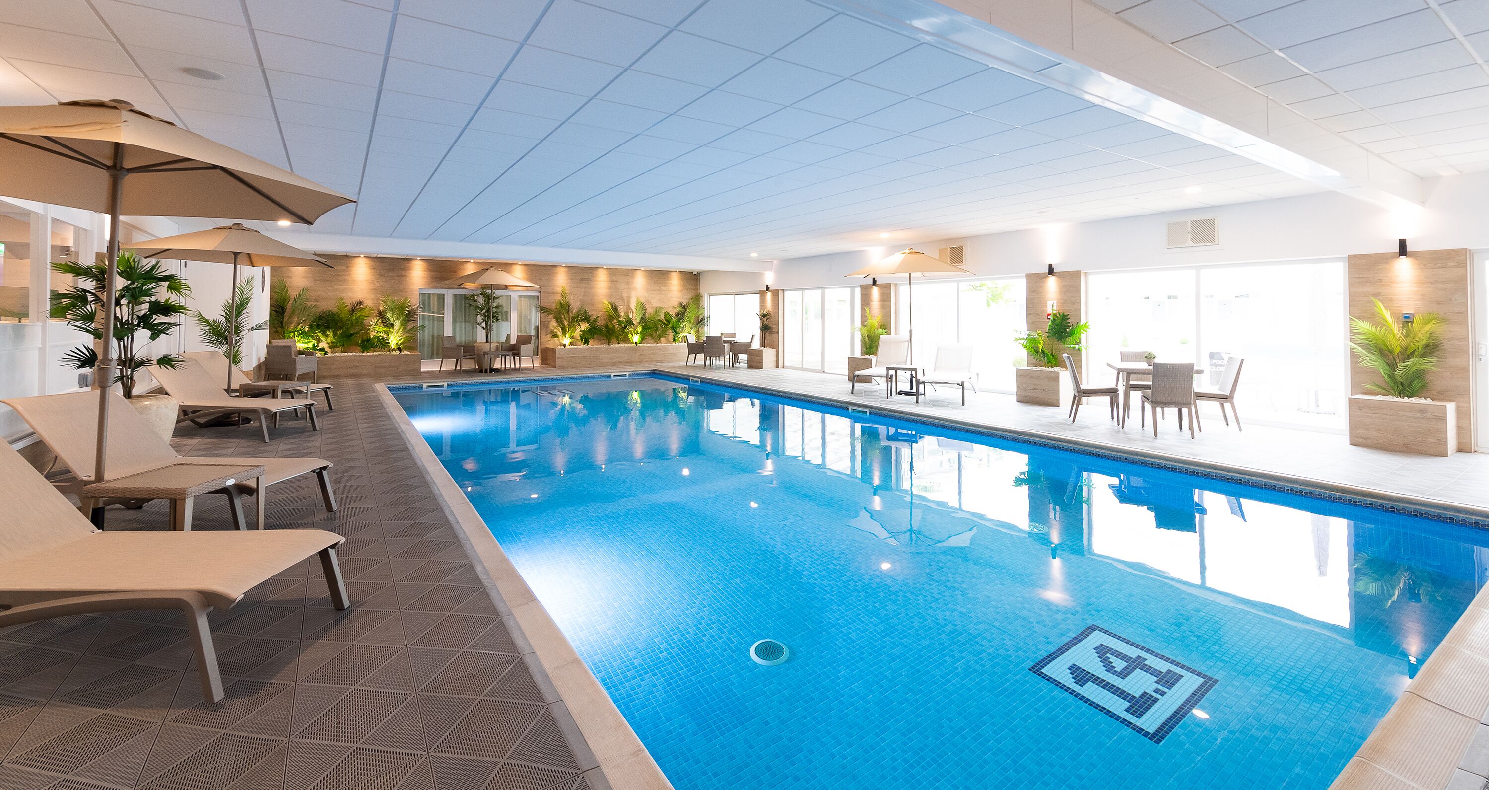 Una piscina interior con sillones de descanso y sombrillas, rodeada de paredes con ventanas amplias y plantas en macetas.