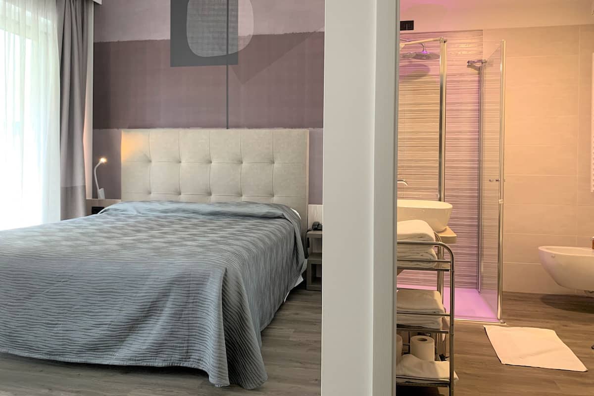 Een moderne hotelkamer met een groot bed, een douche en een zichtbare badkamer.