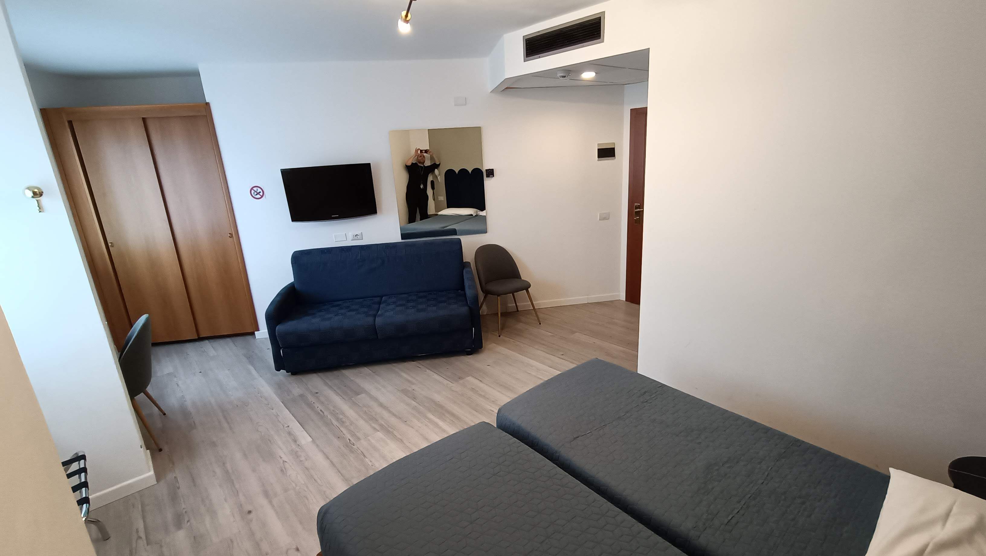 A room with a sofa, a bed, a chair, a TV, and a wardrobe.