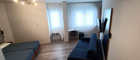 Una habitación con una cama, un sofá, un escritorio y una silla.