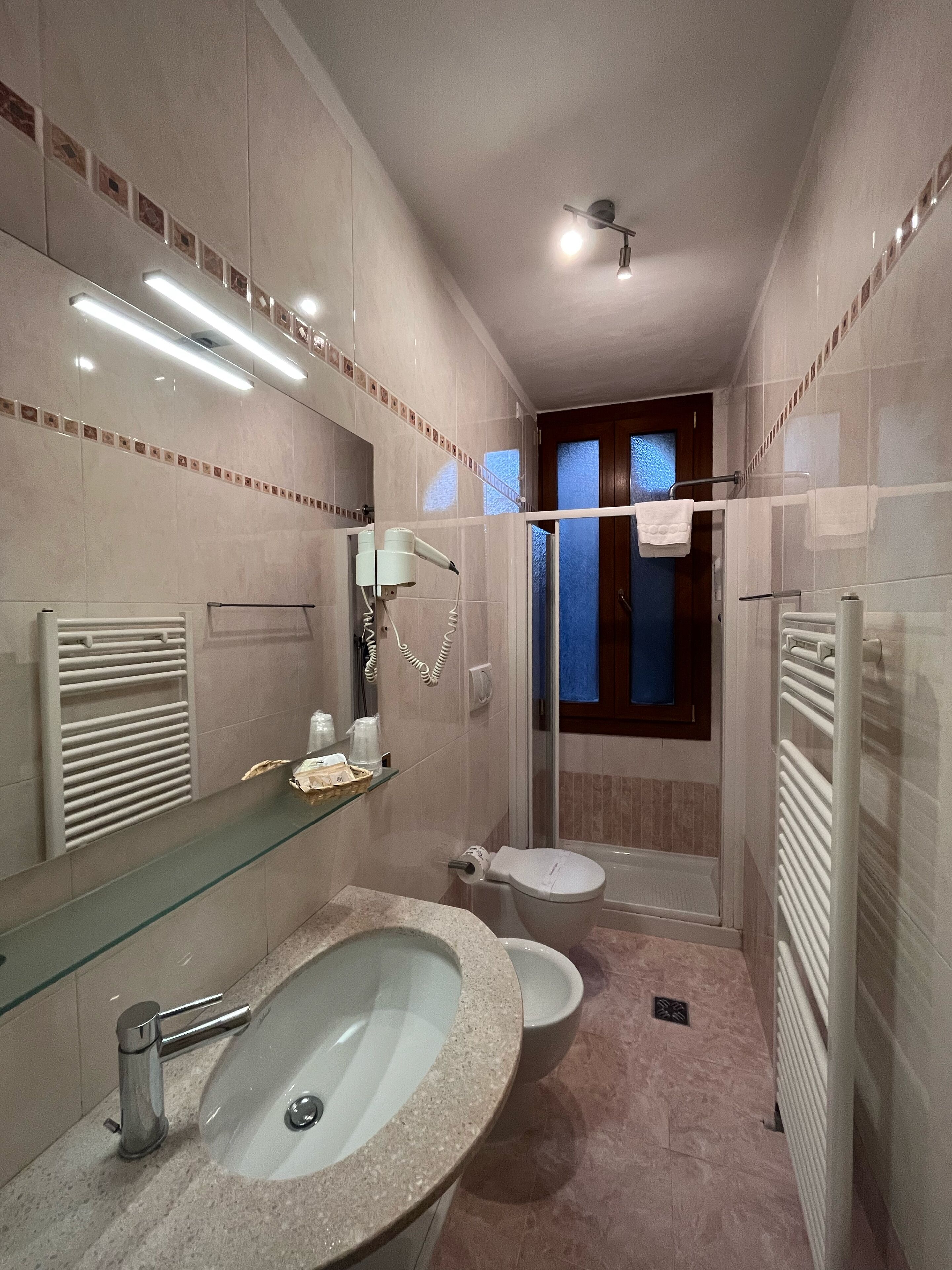 Shower, free toiletries, hair dryer, bidet