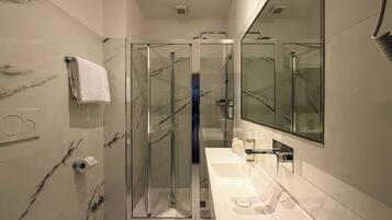 Shower, hair dryer, bidet, towels