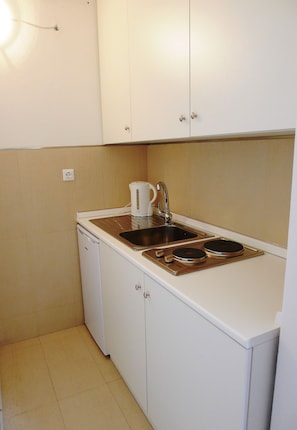 A compact kitchen with a sink, two induction cooktops, a coffee maker, and a dishwasher. - Bellariva (Riva del Garda)