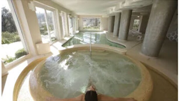 A person lying in a circular hot tub with a view of a pool and greenery outside.