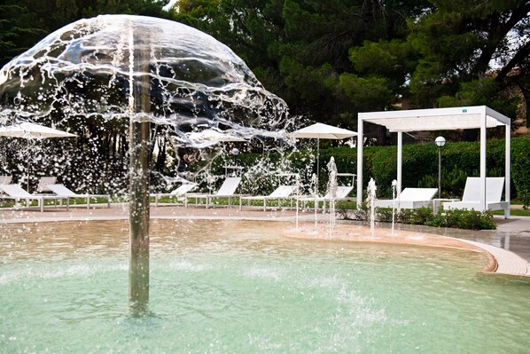 Indoor pool, outdoor pool, open 10:00 AM to 9:00 PM, pool loungers