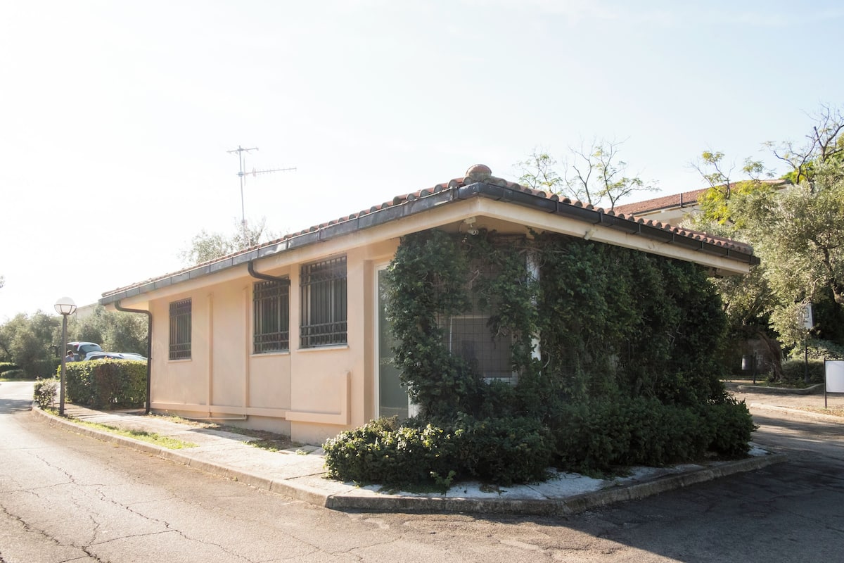 A single-story house with a tiled roof, a small porch, and a garden area with bushes.