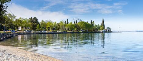 A calm waterfront with a pebbled beach, trees, and a distant Ferris wheel.
