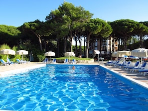 Outdoor pool, pool umbrellas, pool loungers