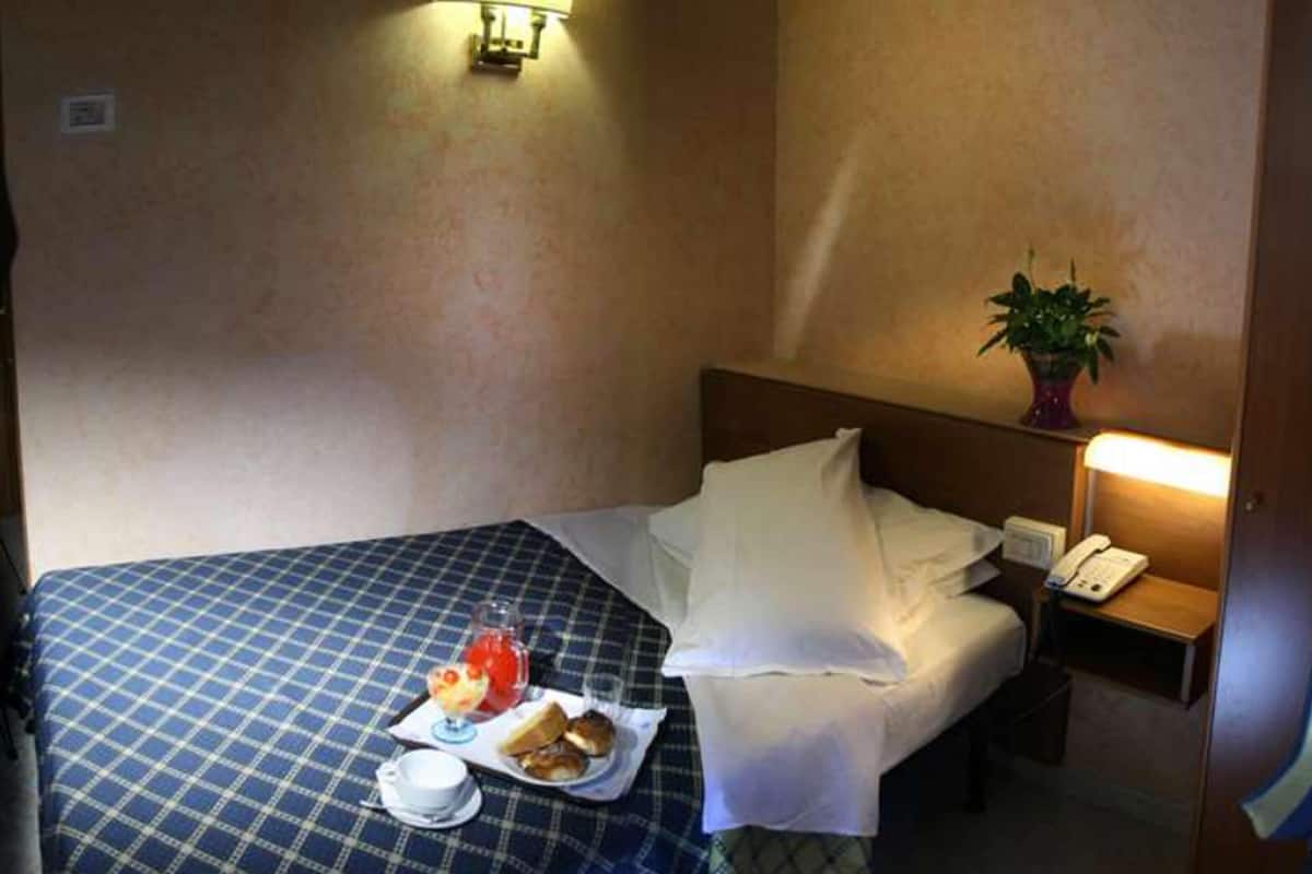 A hotel room with a checkered bedspread, a bedside table with a lamp, a phone, and a small potted plant.