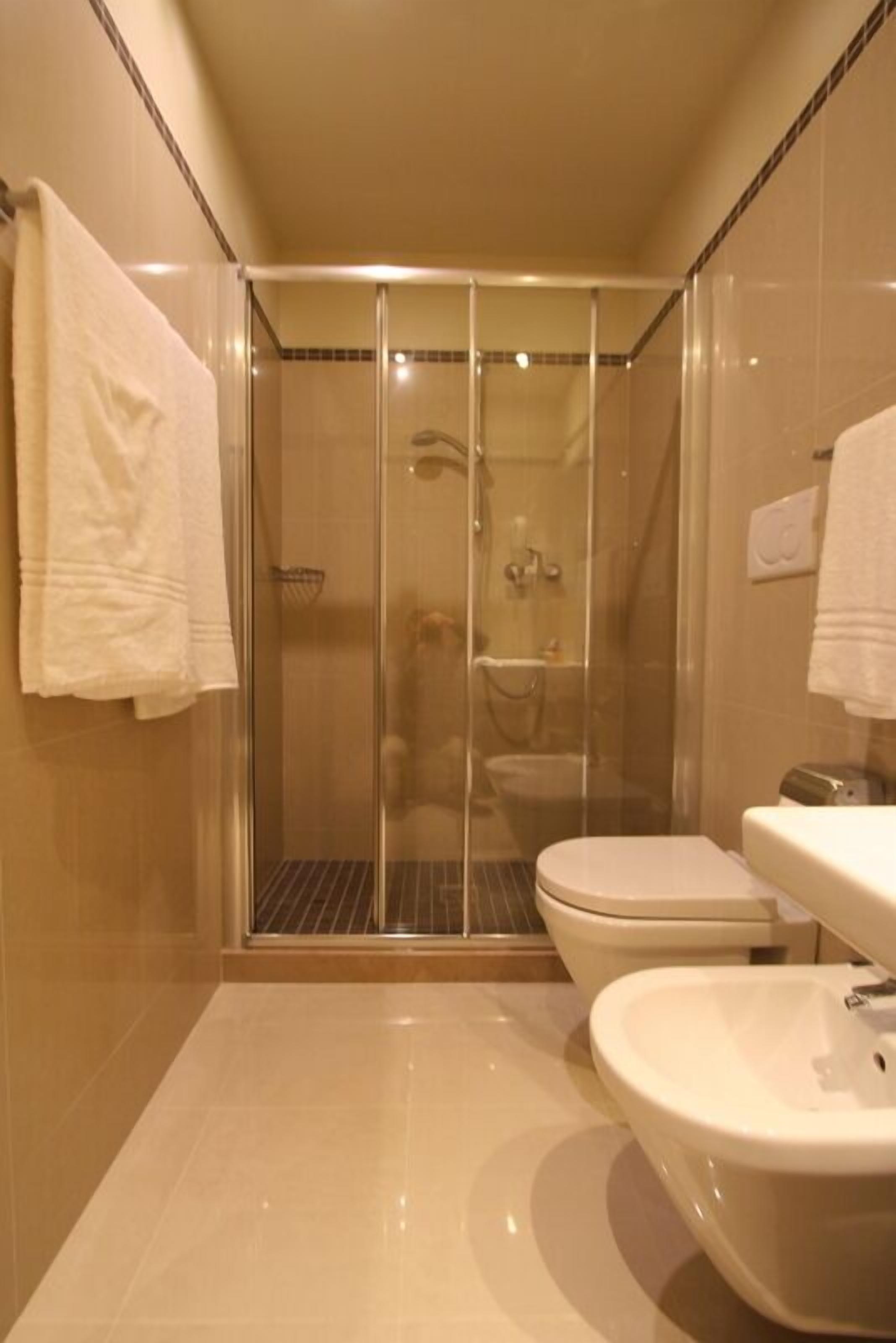 superior double room | bathroom | shower, hair dryer, bidet, towels