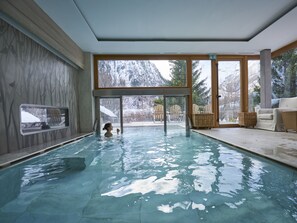 Indoor pool, outdoor pool, pool loungers