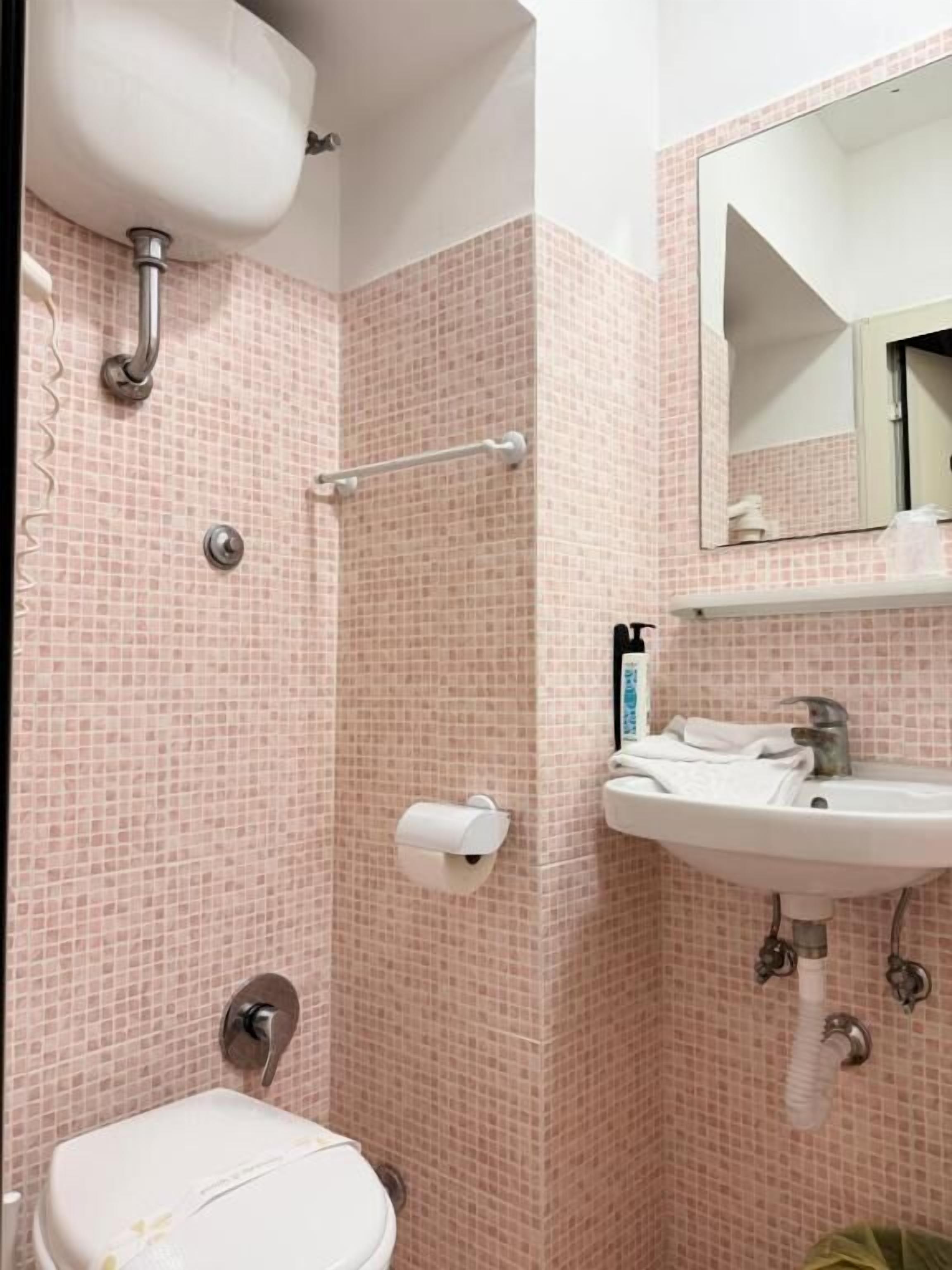 A bathroom with pink mosaic tiles, a toilet, a sink, a mirror, and a shower area.
