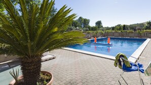 A swimming pool with a palm tree, a lounge chair, and a clear blue sky.