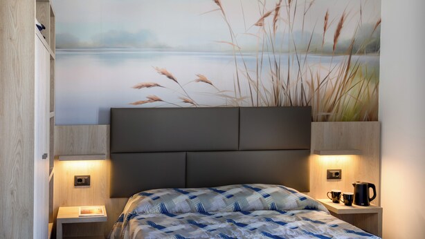 A bedroom with a bed, a nightstand, a wall-mounted shelf, and a wall mural of a lake.