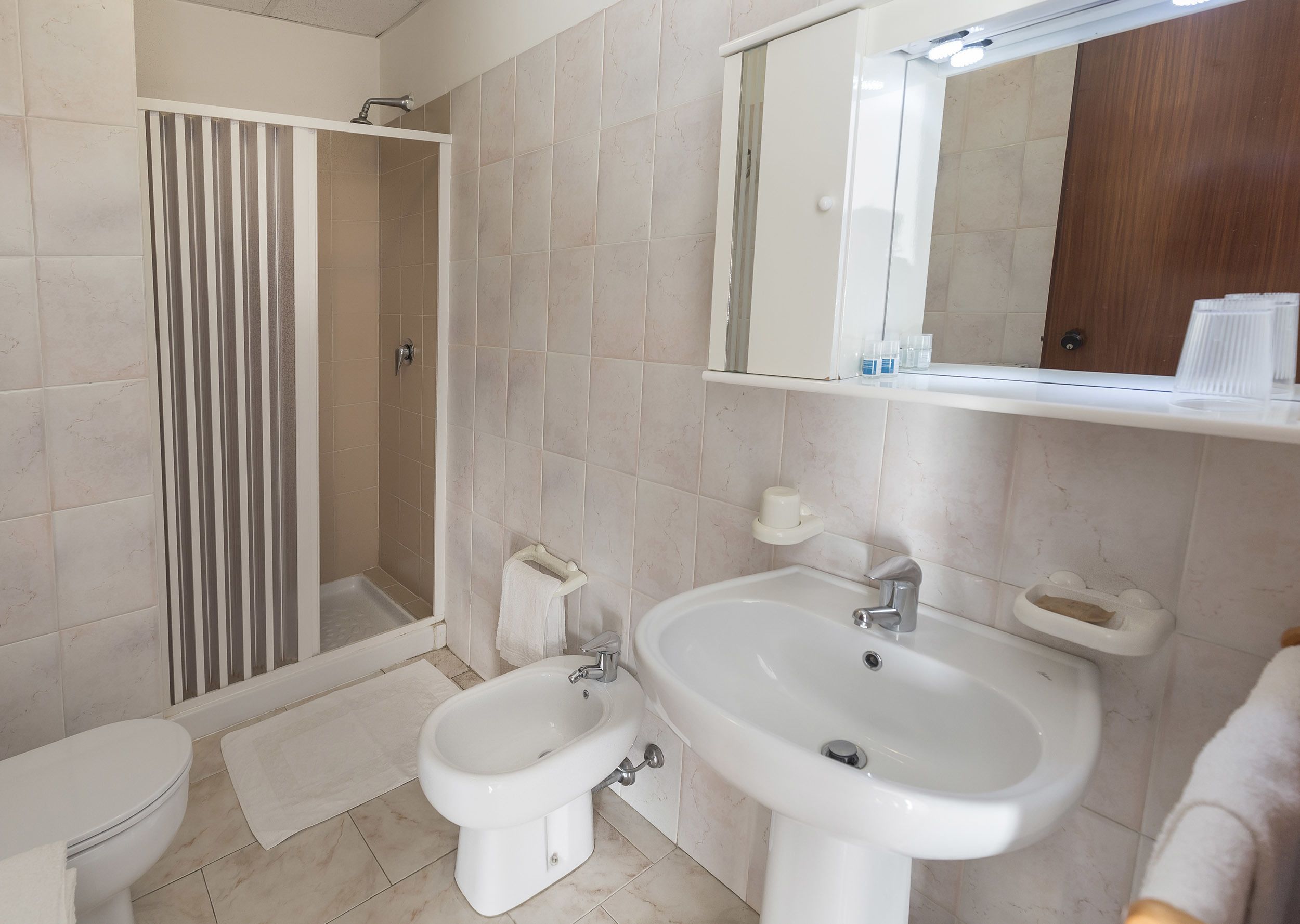 Un baño con ducha, inodoro, bidé, lavamanos y un espejo sobre el lavamanos.