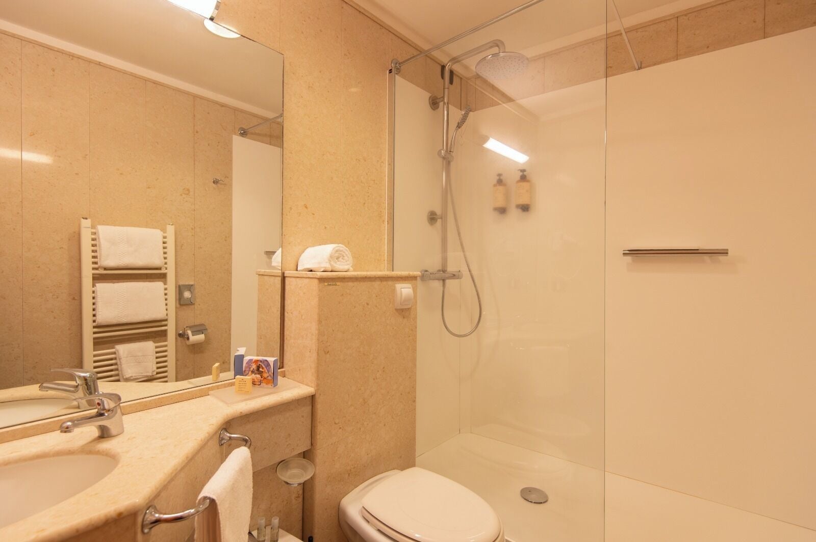 A bathroom with a sink, mirror, towel rack, shower, toilet, and a shelf with toiletries.