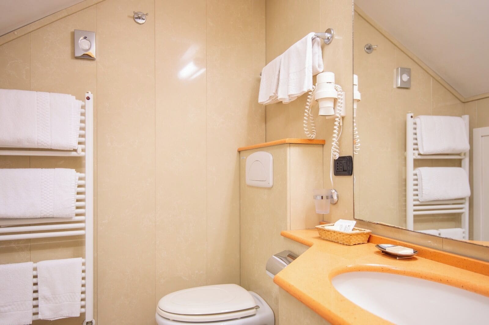 Un baño con inodoro, lavabo, toallero y espejo.
