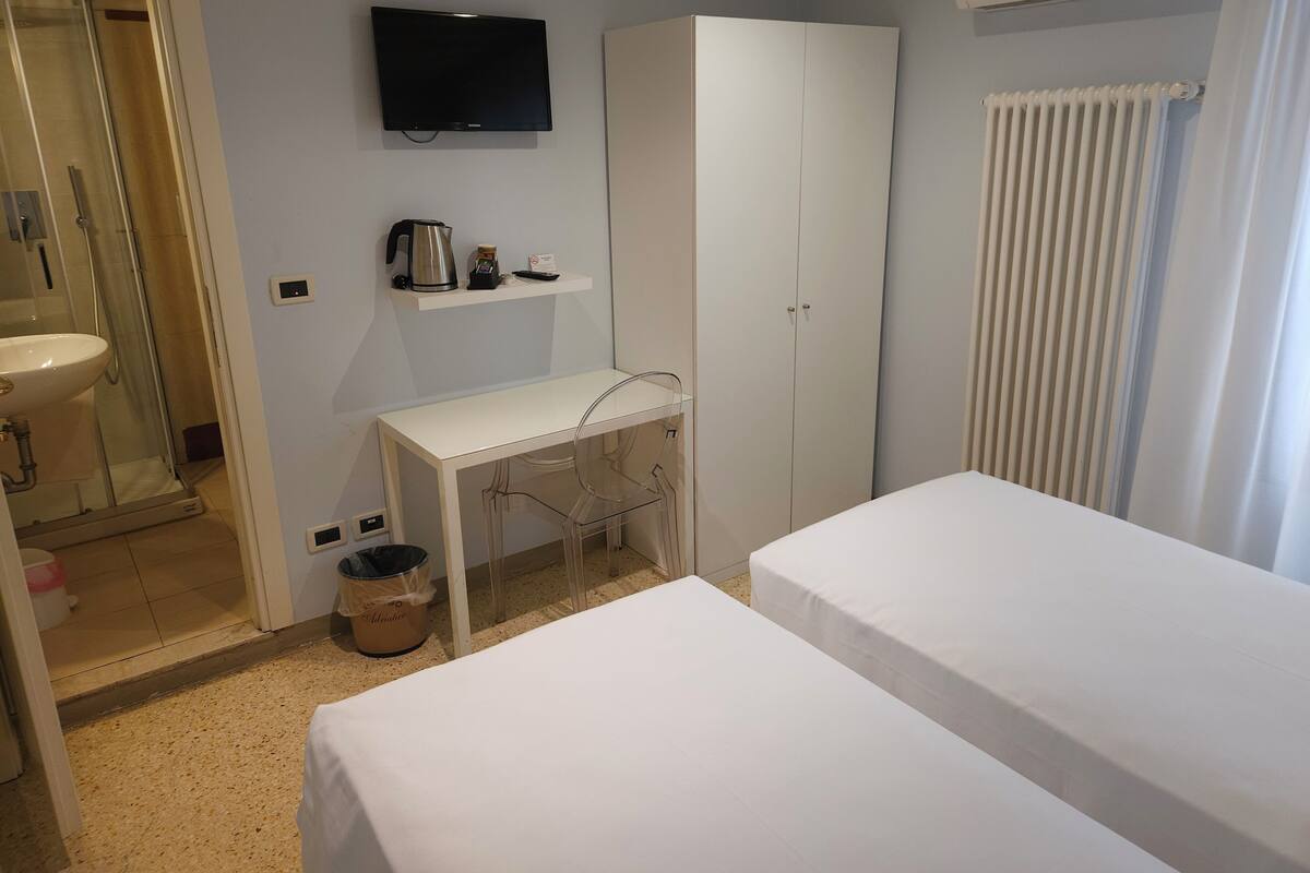 A hotel room with a bed, a desk, a television, a wardrobe, a radiator, and a shower.