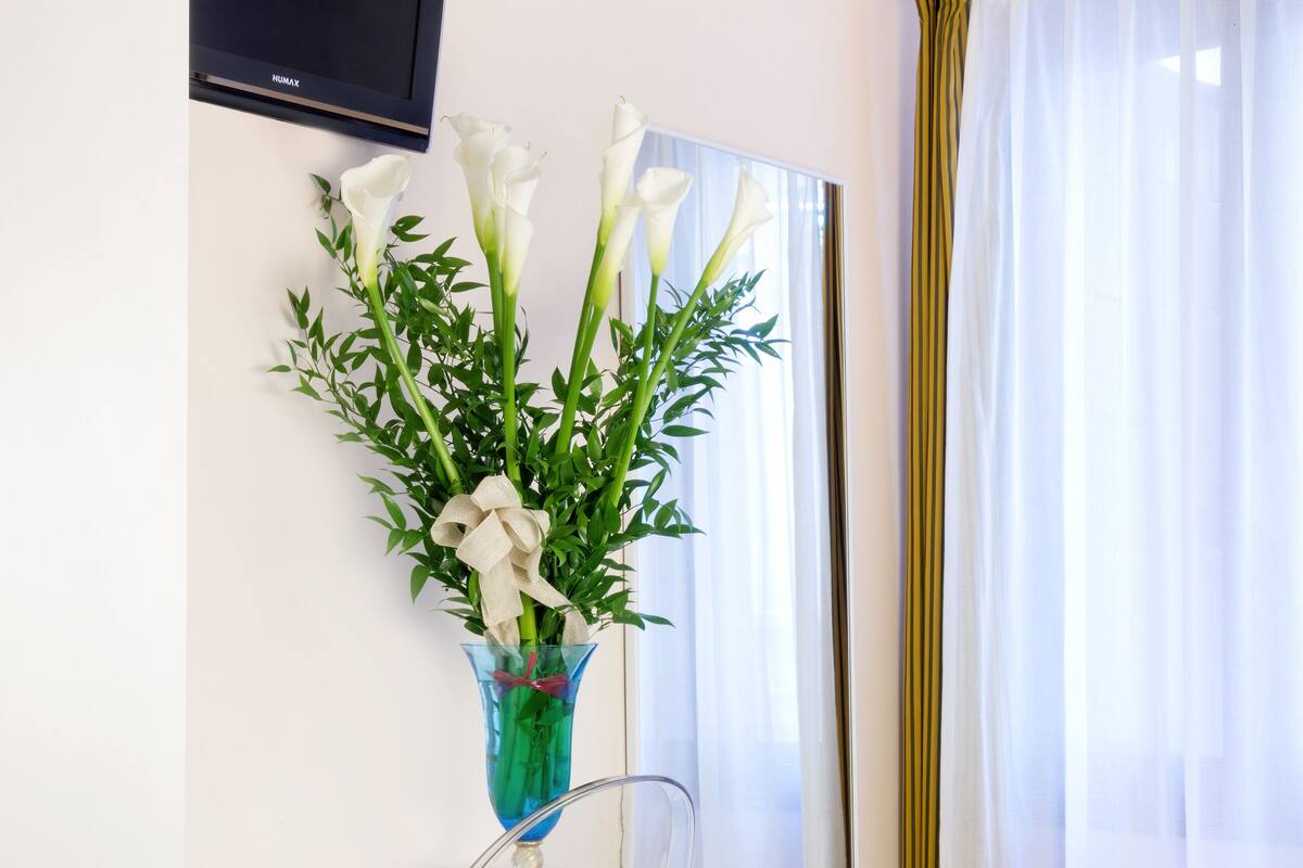A room with a glass table, a clear plastic chair, a vase with white flowers, and a trash bin labeled "ALBERGO Adiatici".
