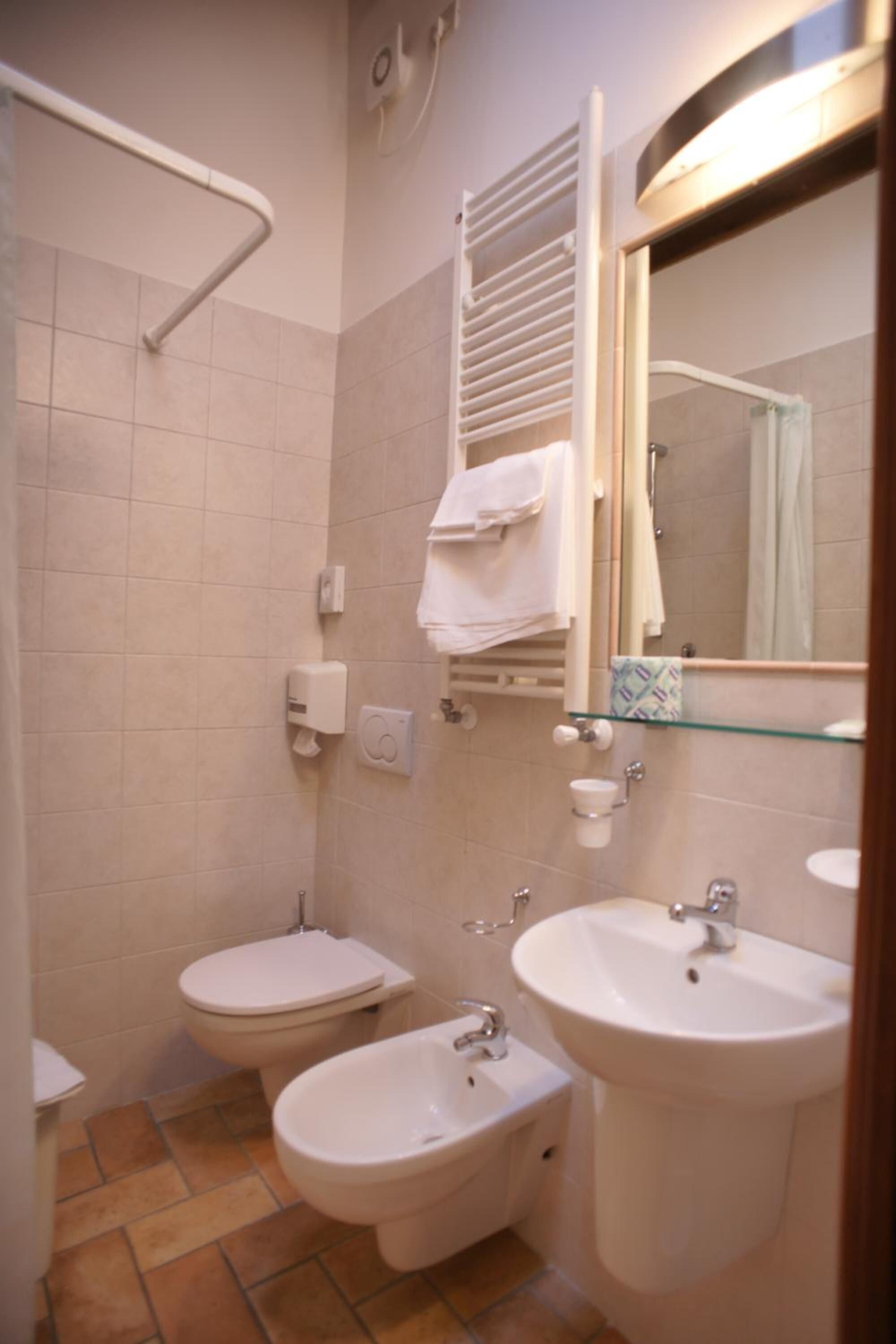combined shower/bathtub, free toiletries, hair dryer, towels